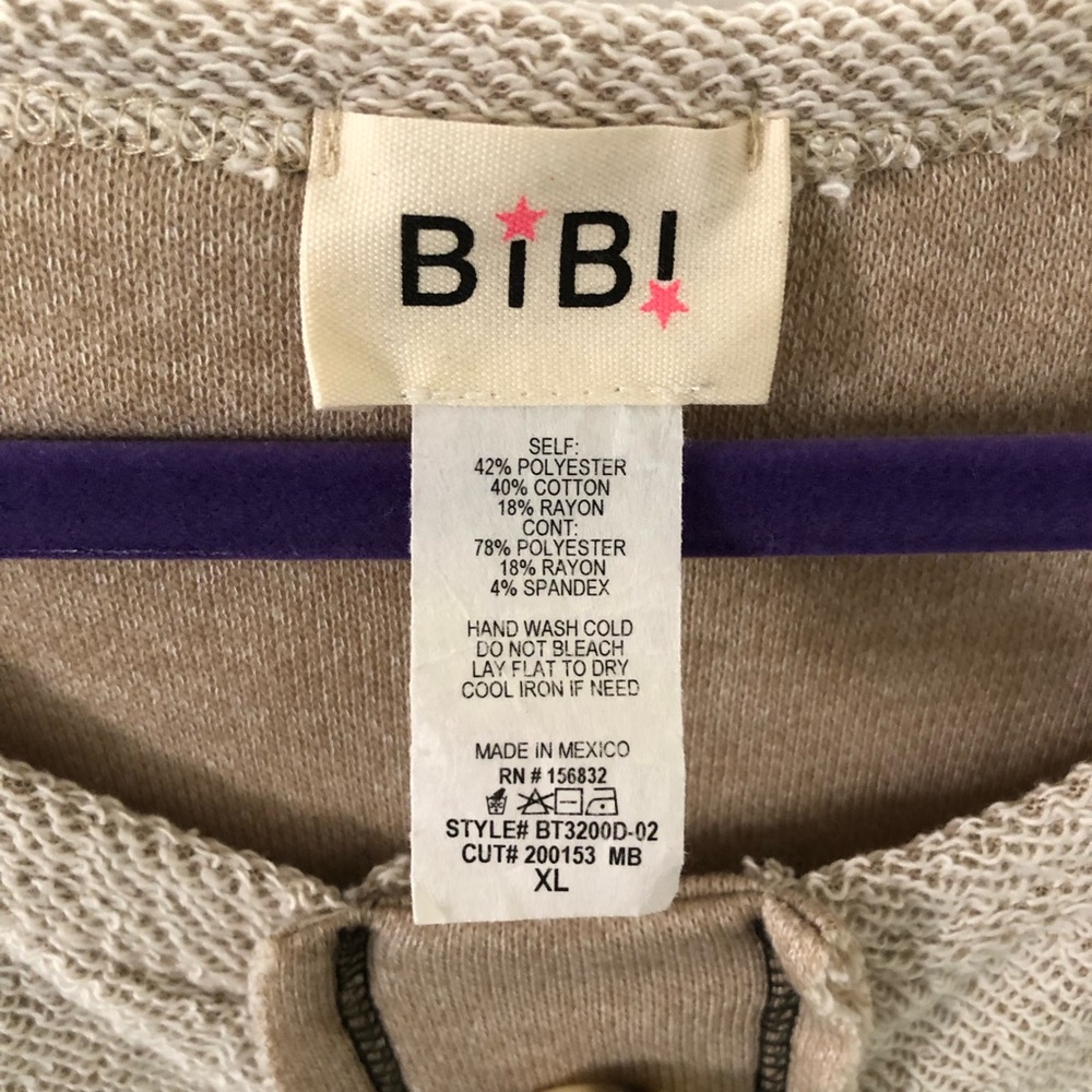BiBi Neutral Beige Henley with Patterned Taupe Sleeves - Picture 3 of 12